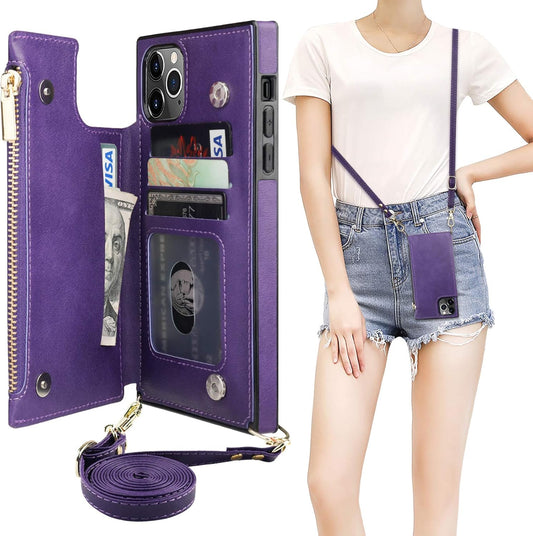 Bocasal Crossbody Wallet Case for iPhone 11 Pro Max with Card Holder,Zipper Card Slot Protector Shockproof Purse Cover with Removable Cross Body Strap 6.5 Inch(Purple)