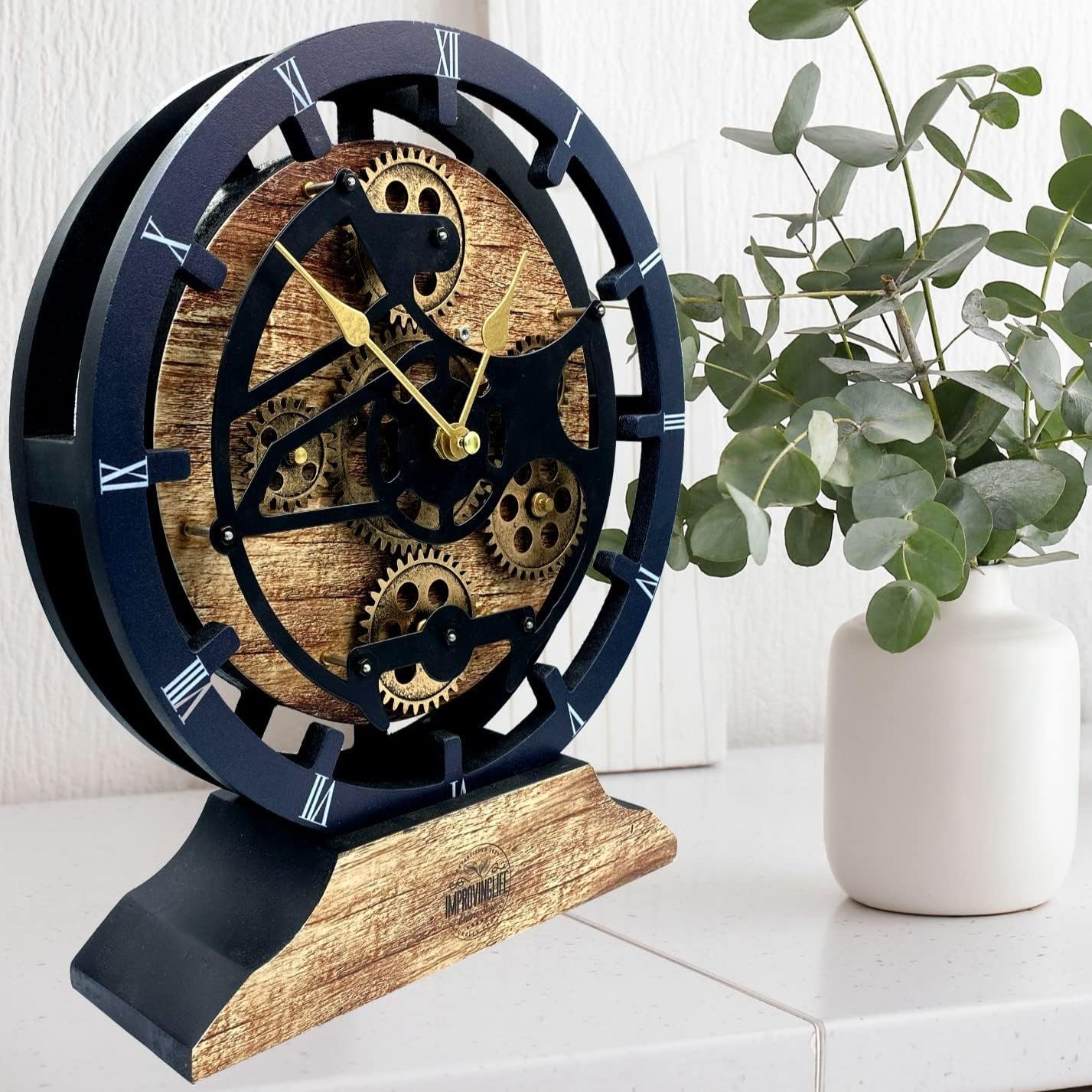 ImprovingLife The Gears Clock Desk Clock 10 inches with Real Moving Gears Convertible into Wall Clock (Vintage Brown)