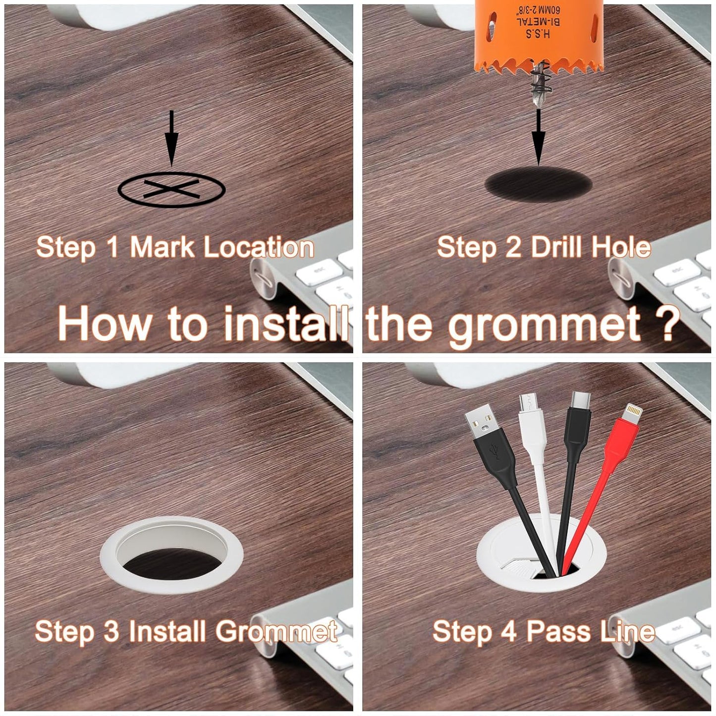 Desk Grommet 2-3/8 inch with Hole Saw, Desk Cord Hole Cover Grommet for Cables, 2 PCS, White