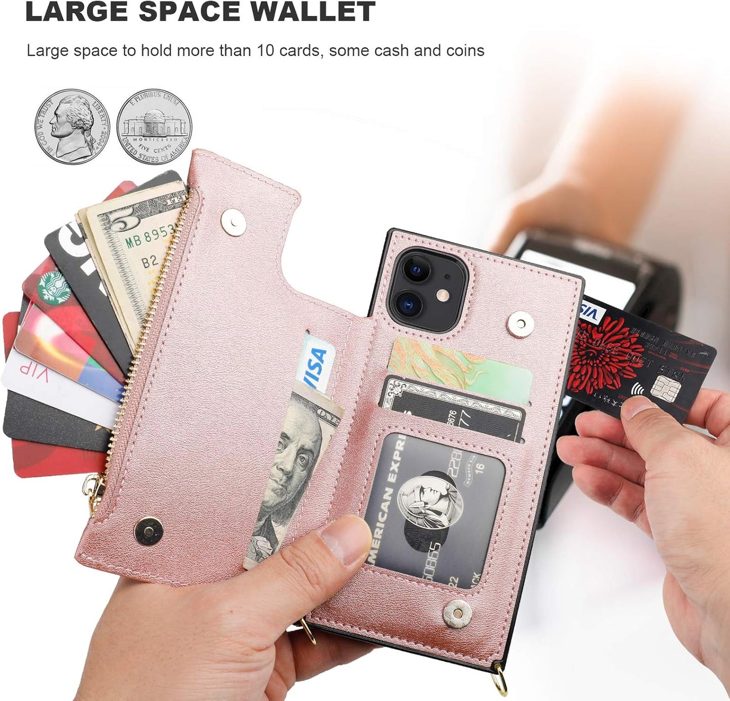 Bocasal Crossbody Wallet Case for iPhone 11 with Card Holder,Zipper Card Slot Protector Shockproof Purse Cover with Removable Cross Body Strap 6.1 Inch(Rose Gold)