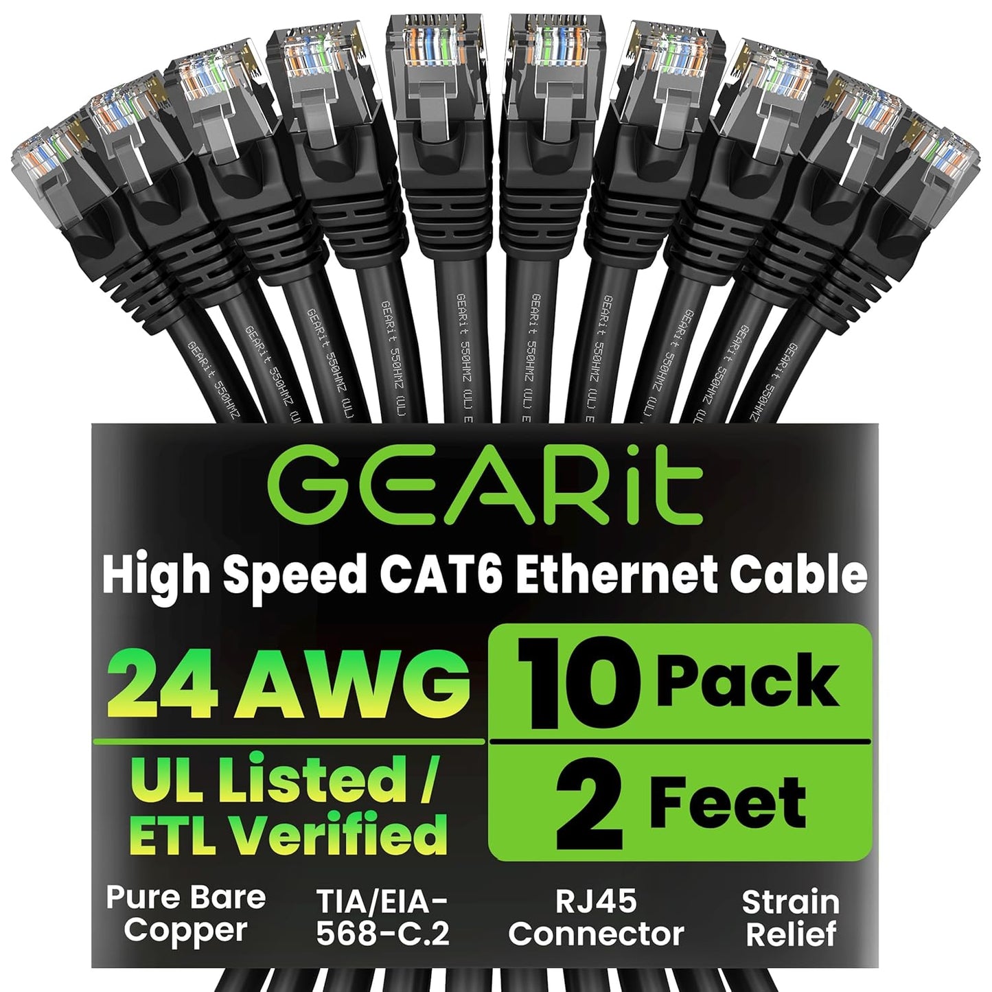 GEARit Cat 6 Ethernet Cable (10-Pack 2 Feet) Cat6 Network Patch, 10Gbps, RJ45, Snagless Cord, Gold-Plated Connectors, Internet for PC, TV, Tablet, Router, Printer, Servers, IT Data Center - Black