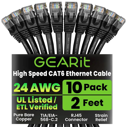 GEARit Cat 6 Ethernet Cable (10-Pack 2 Feet) Cat6 Network Patch, 10Gbps, RJ45, Snagless Cord, Gold-Plated Connectors, Internet for PC, TV, Tablet, Router, Printer, Servers, IT Data Center - Black