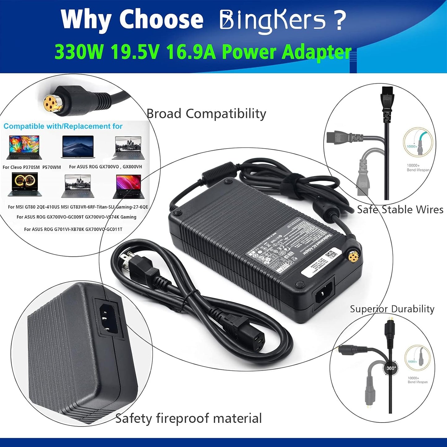 Bingkers. New 330W 19.5V 16.9A Power Adapter Power Supply ADP-330AB B for 330W Clevo P370SM-A, P570WM, MSI GT83VR GT73VR GT80S, Asus ROG GX700VO-GB012T Computer 330w Power Supply 4 Holes