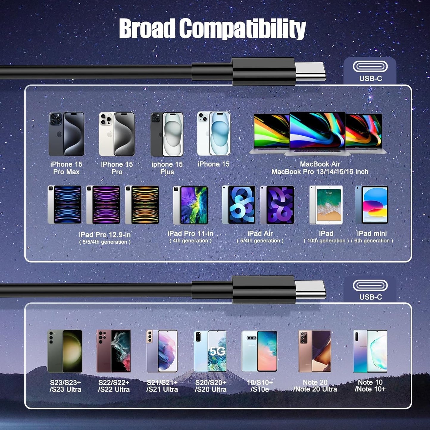 3-Pack Black [3.3FT+3.3FT+6.6FT] 60W USB C to USB C Cable, Type C Fast Charging Cable for iPhone 16 15 Pro Plus Pro Max，for Galaxy S24 S23, for iPad Pro/Air, for MacBook Pro/Air and More