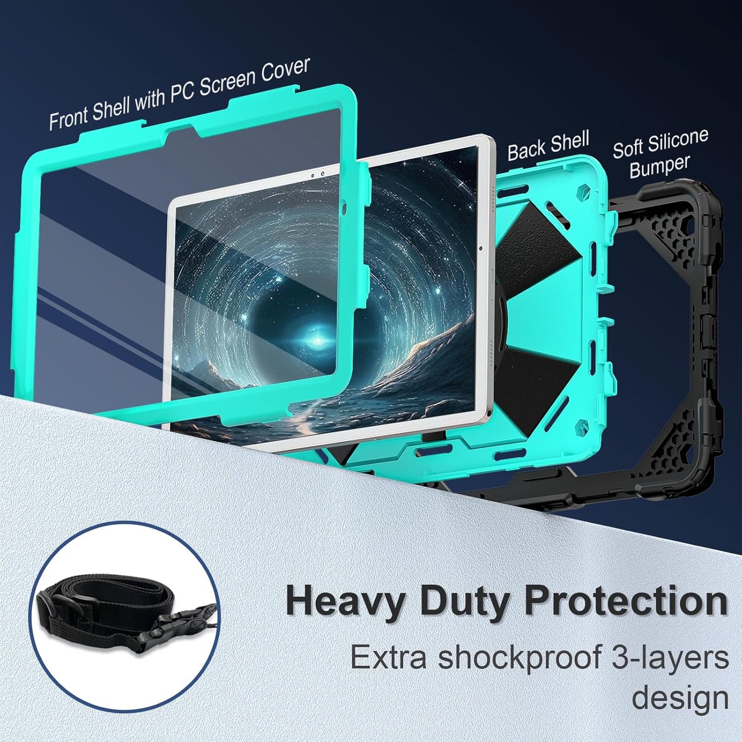 Case for Galaxy Tab A9 Plus Case 11 Inch, Rugged Galaxy A9+ Tablet Case with Screen Protector 360 Rotating Stand Shoulder Strap Pen Holder, 2023 Model(SM-X210/X216/218), Black Mint