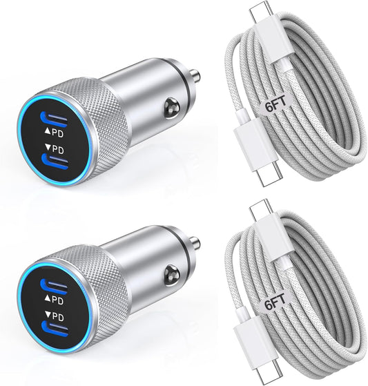 iPhone 16 Car Charger,USB C Fast Car Charger Adapter 2Pack Dual USB C Port Fast CarCharger with 6Feet Long Type C to C Braided Charging Cable Fast Charging for iPhone 16/16 Pro/16 Pro Max/15/iPad