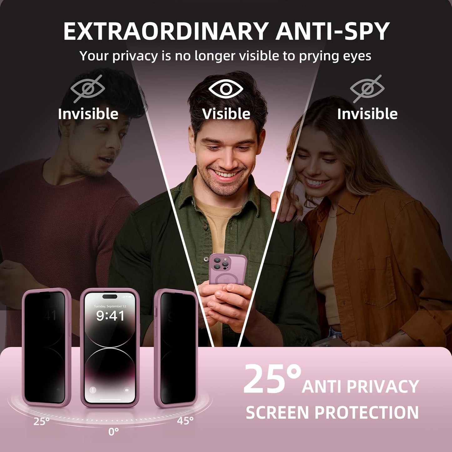 BERFY Magnetic for iPhone 14 Pro Max Case,Compatible with MagSafe,Built-in Privacy Screen Protector and Upgraded Camera Protection,Anti-Spy Full Body Shockproof Phone Case for 14 Pro Max,Palevioletred