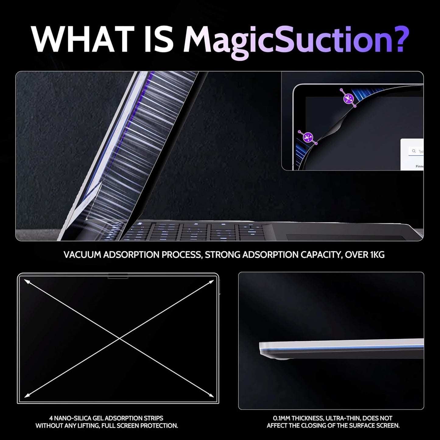 Privacy Screen for 13.8 Inch Surface Laptop 7, MagicSuction™ Removable Anti Spy Black Protector, Glare Blue Light Filter for Microsoft Laptop Computer Monitor