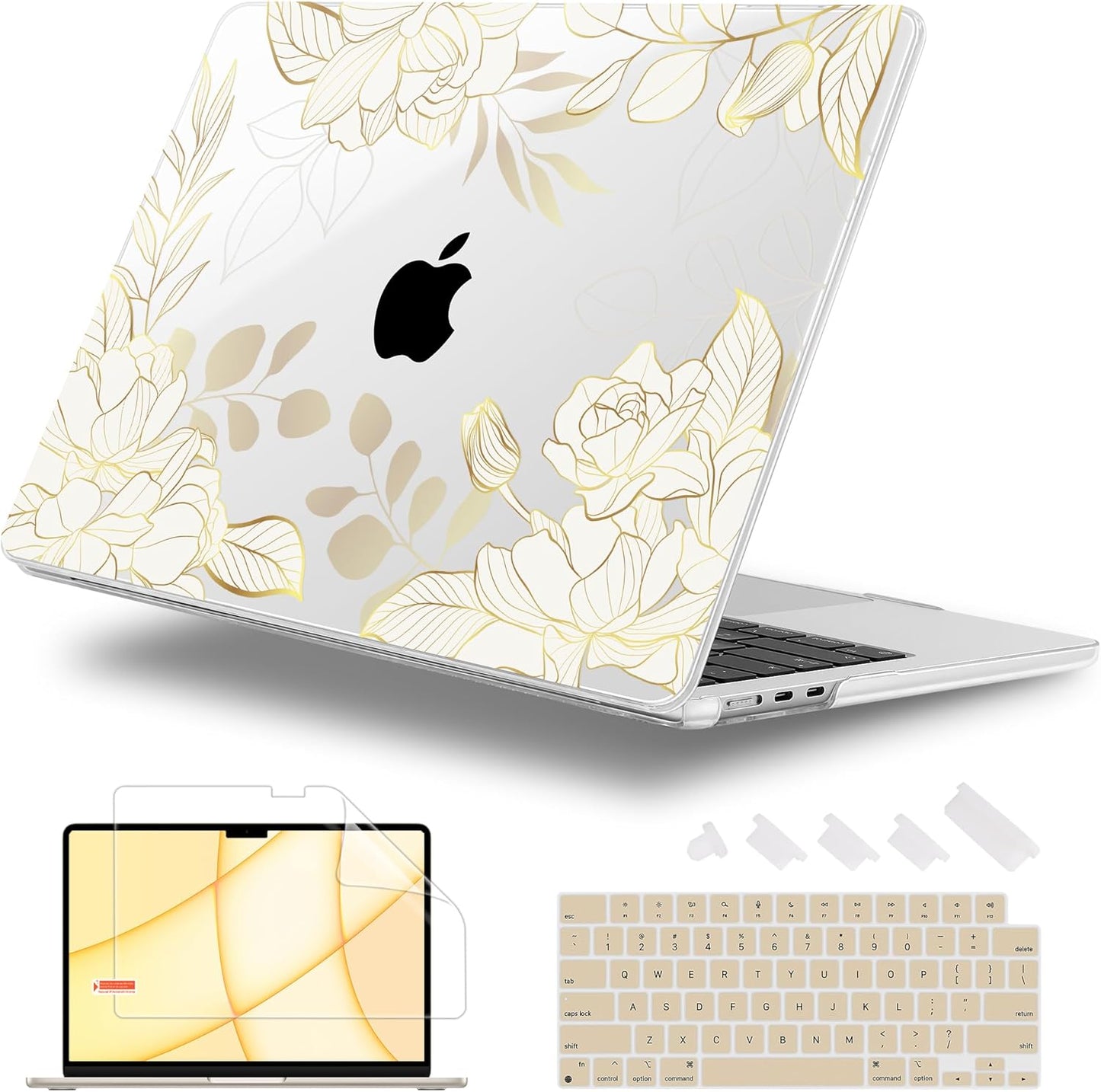 Case for MacBook Air 15 Inch 2025 2024 2023 Release M4 A3241 M3 A3114 M2 A2941, Hard Shell with Screen Protector & Keyboard Cover, Compatible with Touch ID - Gold Rose Flowers