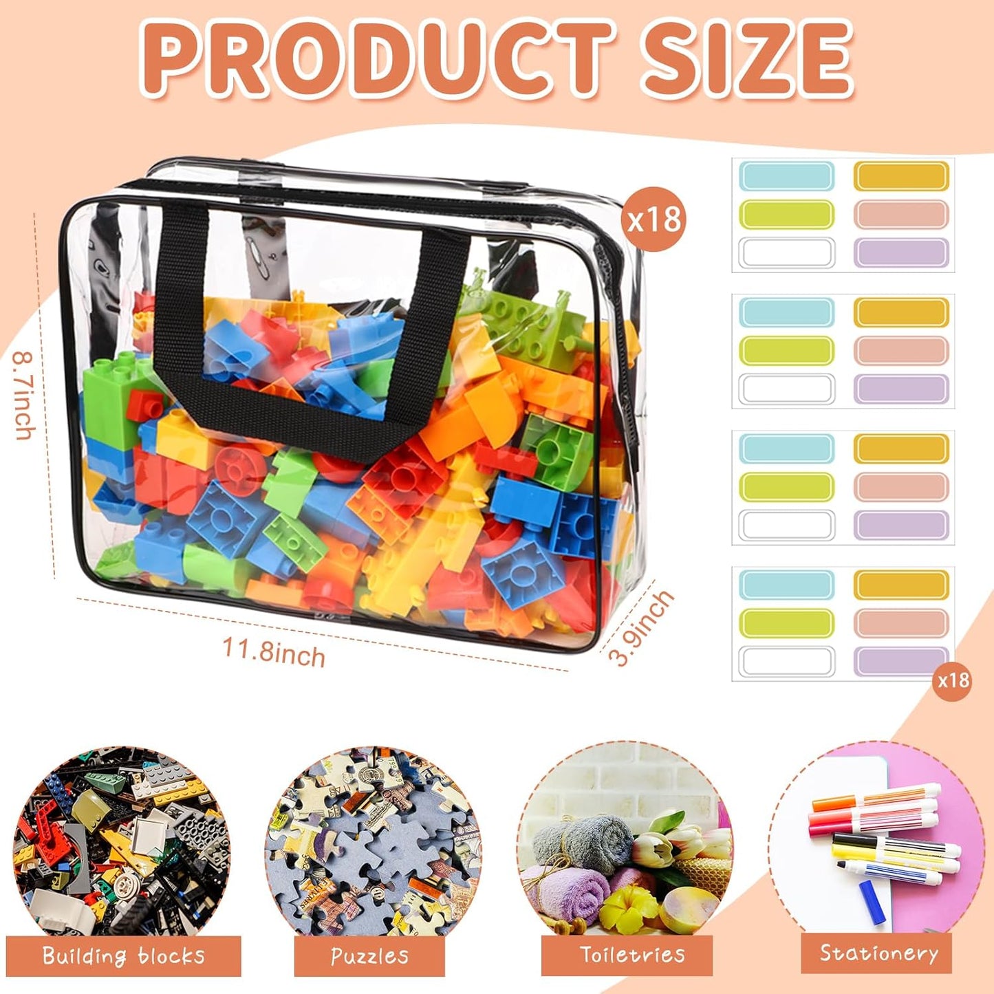 18 Packs Large Toy Storage Bags with Labels, Waterproof Clear Pvc Storage Bags for Toys, Travel Organizer Bags with Zipper Closure for Puzzles, Building Blocks, Kids' Books