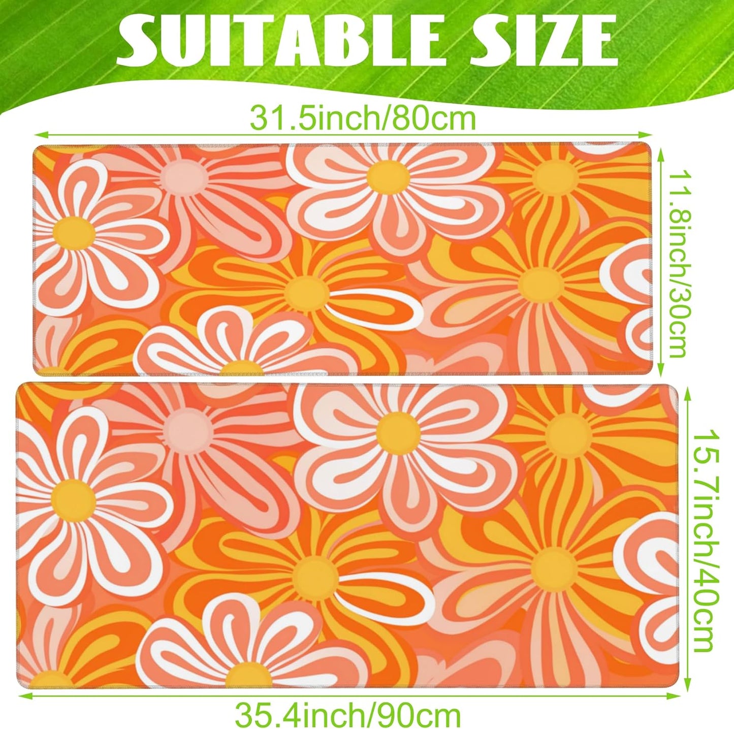Desk Pad,Hippie Vintage Orange Flowers Desk Mat,Retro Floral Large Gaming Mouse Pad for Desk,Extended Big Computer Keyboard Mouse Pad with Non-Slip Base and Stitched Edge,35.4"x15.7"