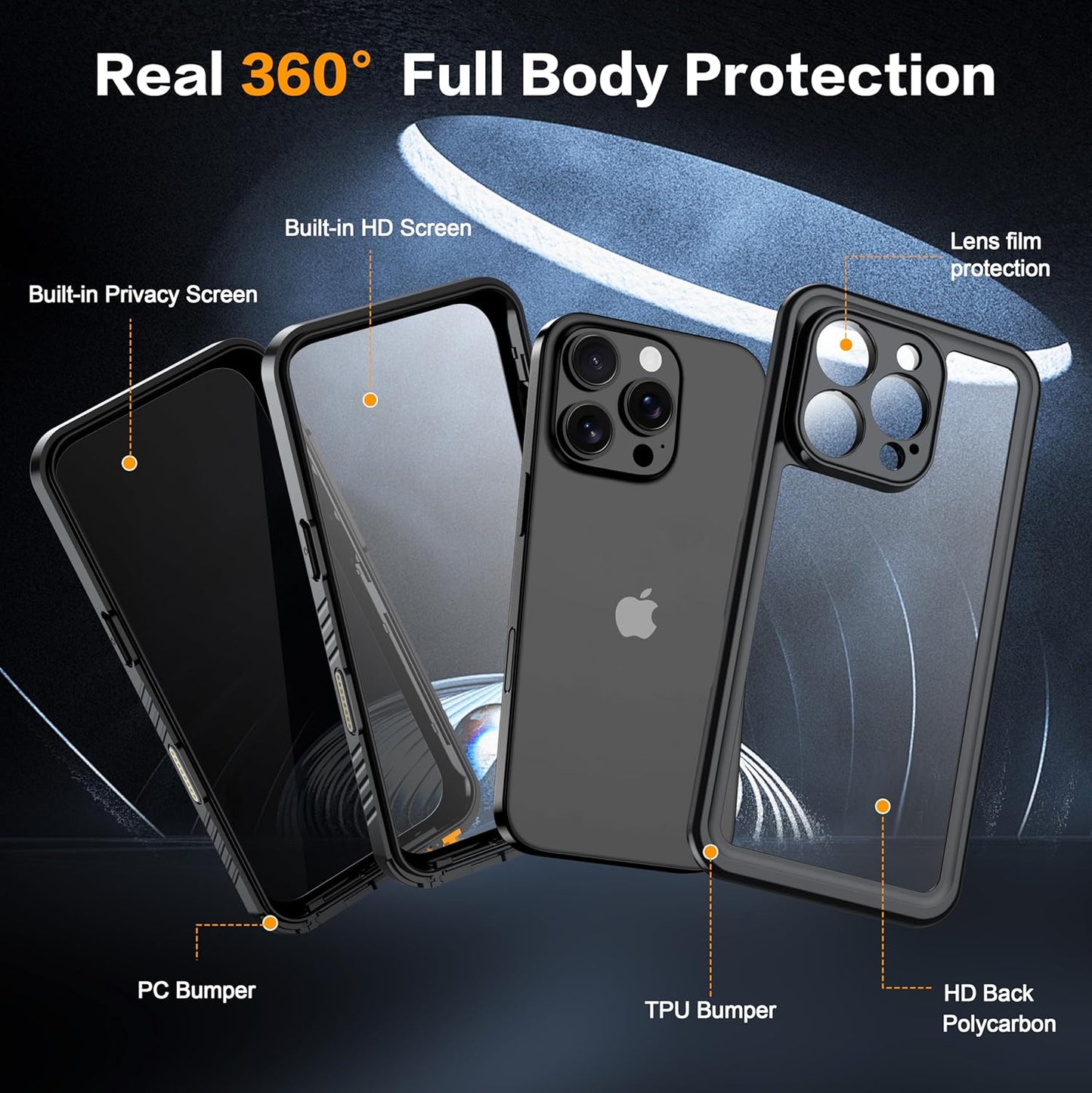 for iPhone 16 Pro Case Waterproof, Built-in Privacy Screen & HD Screen Double Front Frame [IP68 Underwater] Shockproof Dustproof Full Body Protection iPhone 16 Pro Phone Case Black