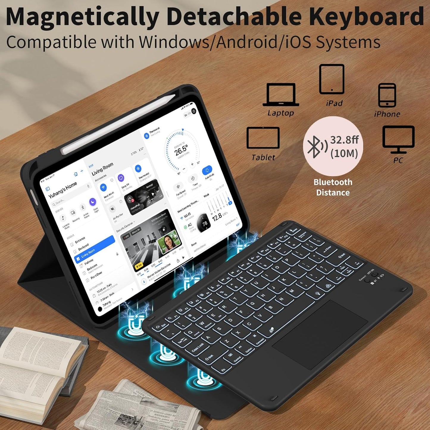 JKSML for iPad(A16) 11th/10th Generation Case with Keyboard (11/10.9 inch) 2025/2022, 7 Color Backlight Detachable Bluetooth Cover with Trackpad, Flip Stand Case Thin with Pencil Holder, Black