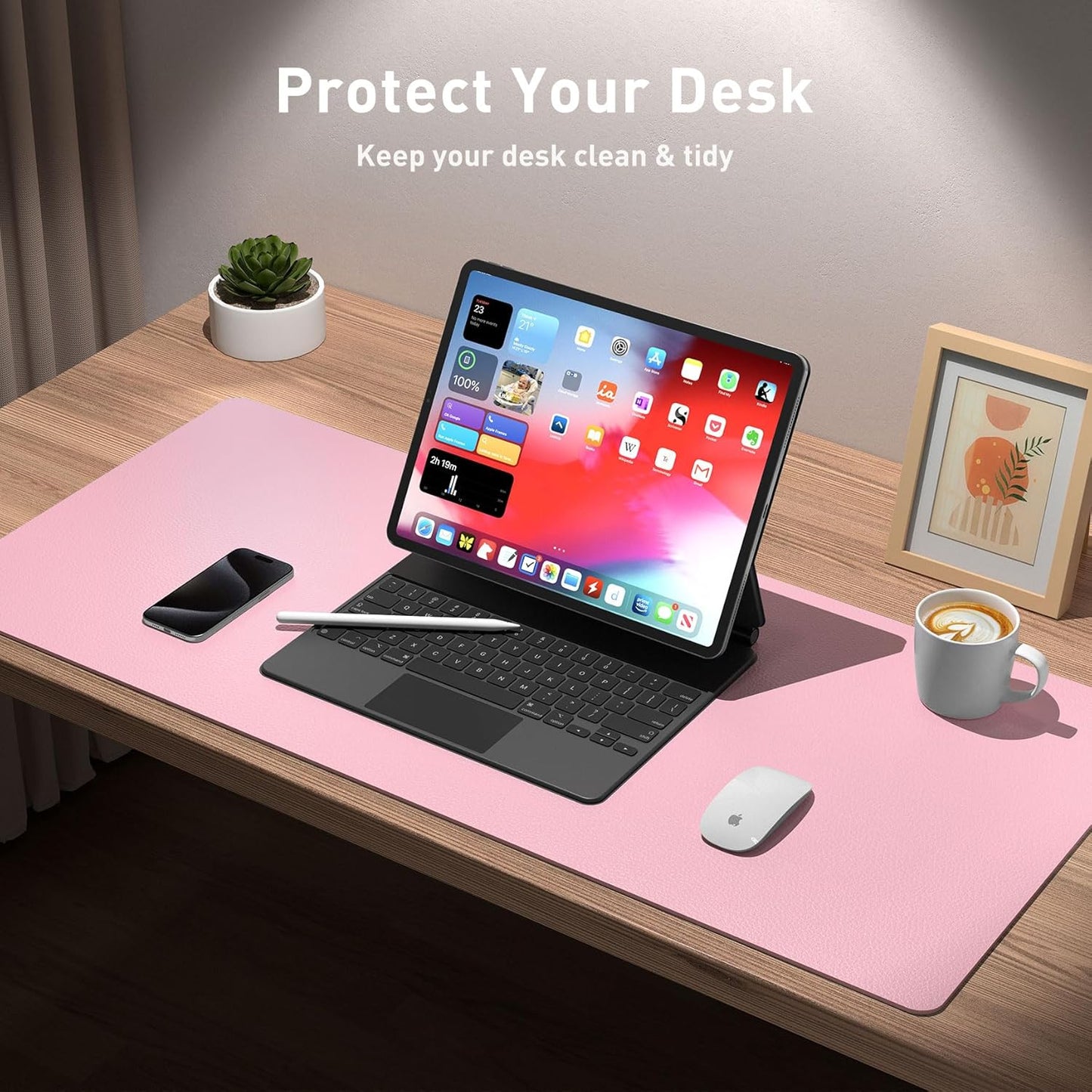 Aothia Leather Desk Pad Protector, Mouse Pad, Office Desk Mat, Non-Slip PU Leather Desk Blotter, Laptop Desk Pad, Waterproof Desk Writing Pad for Office and Home (36" x 17", Fairy Pink)