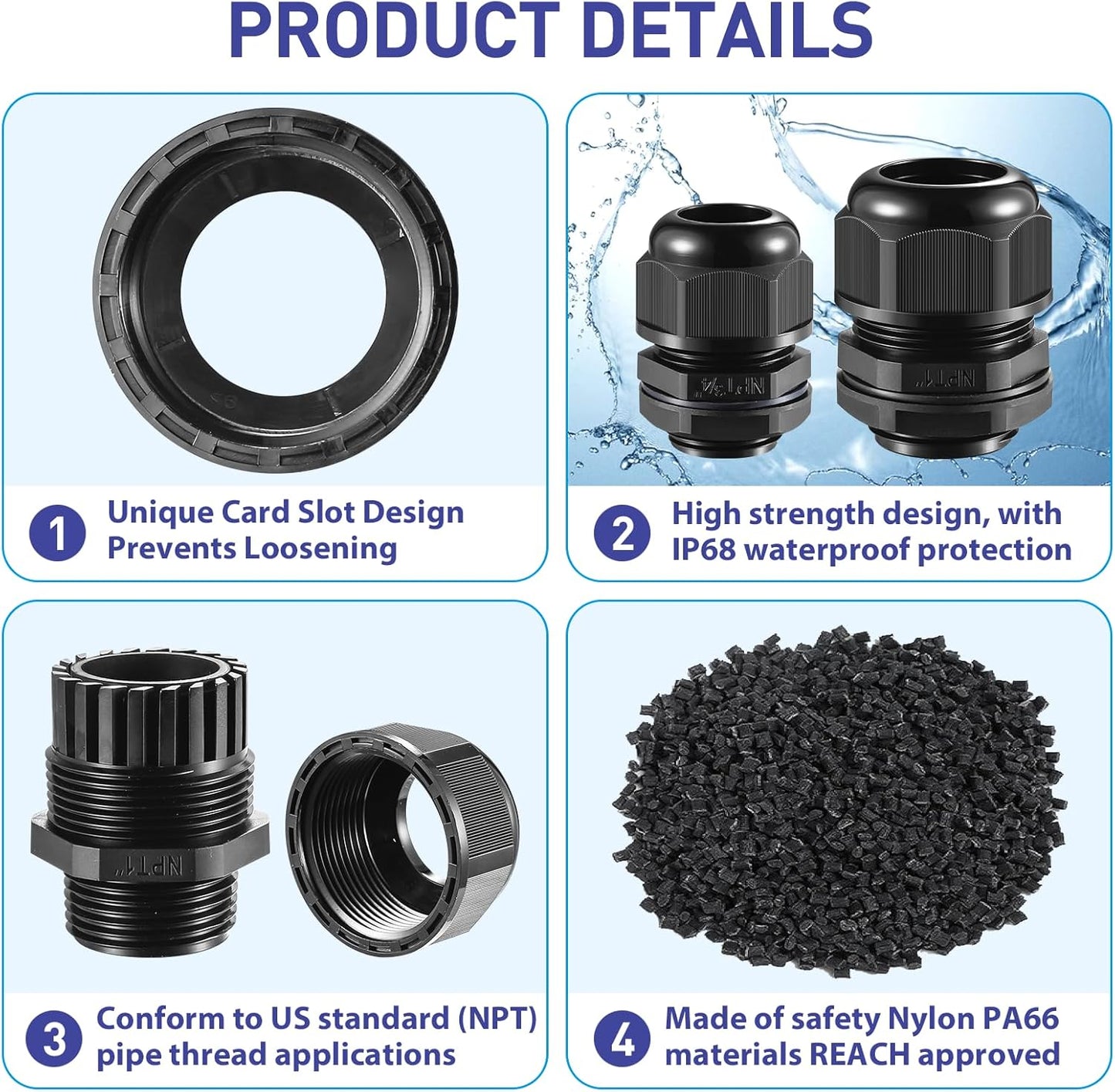 4 PCS 3/4"(12.5-18mm) NPT Nylon Cable Gland Joints with Gaskets, IP68 Adjustable Lock Nut Strain Relief Cord Grip Waterproof Cable Glands - UL Listed and RoHS Compliant
