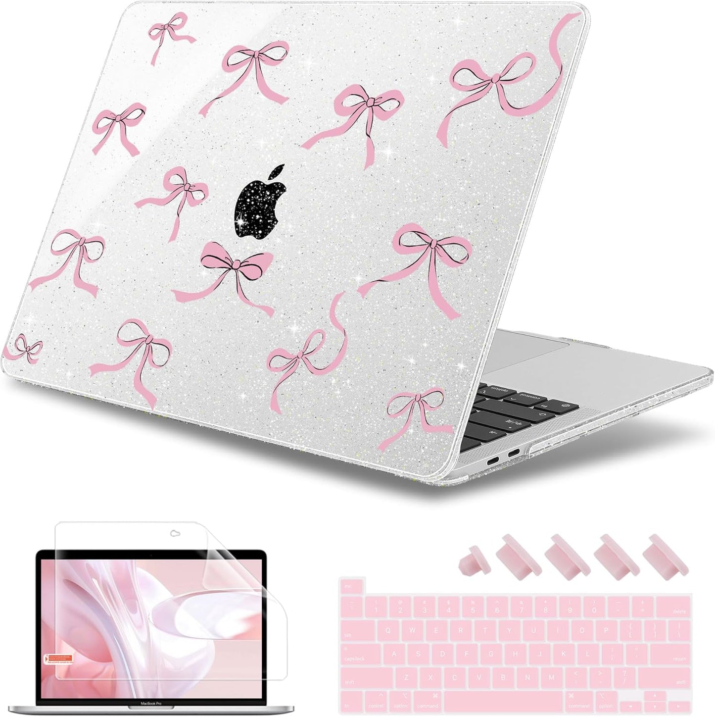 May Chen Case for MacBook Pro 13 inch M2 2023,2022,2021,2020 A2338 M1 A2251 A2289, Plastic Hard Shell Case for MacBook Pro 13" with Touch Bar Fits Touch ID, Clear Glitter Bow