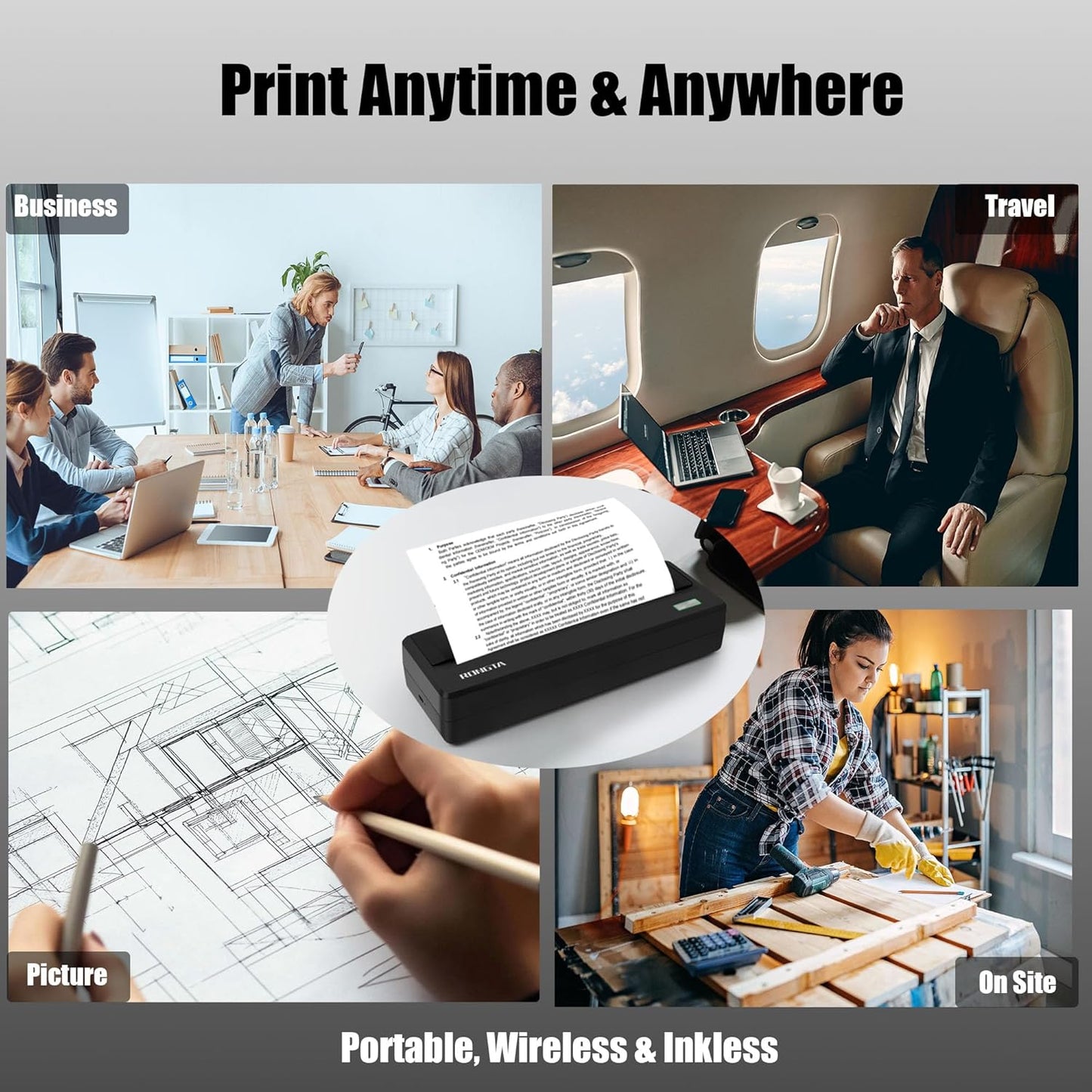 Inkless Portable Printer for Travel, Wireless Thermal Printer Support 8.5 x 11 inch A4/ US Letter, Bluetooth Compatible with Android/iOS Smartphone for Home Use (Grey)