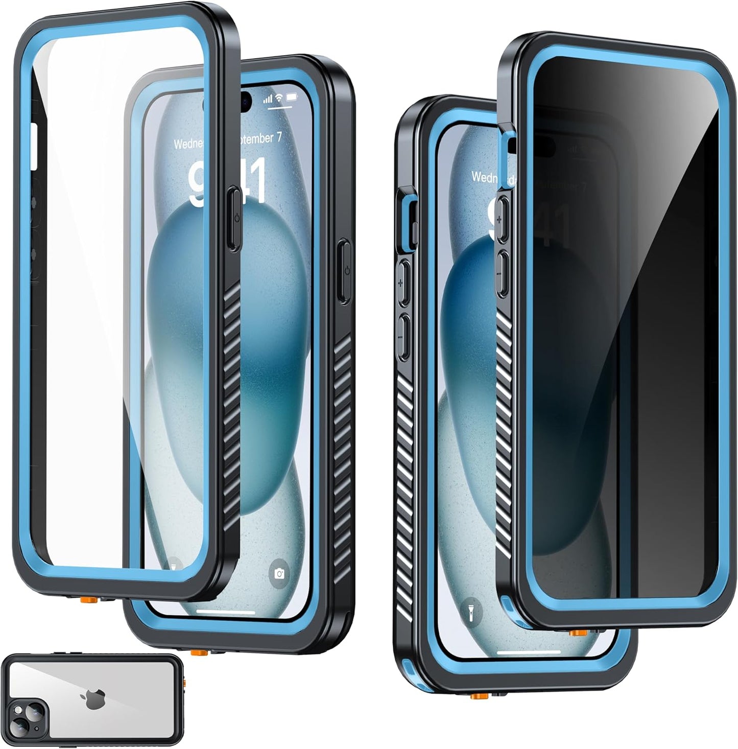 for iPhone 15 Case Waterproof - Built-in Privacy Screen Protector & HD Screen Protector [IP68 Underwater] Shockproof Dustproof Full Body Protection iPhone 15 Phone Case Blue