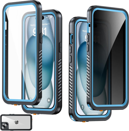 for iPhone 15 Case Waterproof - Built-in Privacy Screen Protector & HD Screen Protector [IP68 Underwater] Shockproof Dustproof Full Body Protection iPhone 15 Phone Case Blue