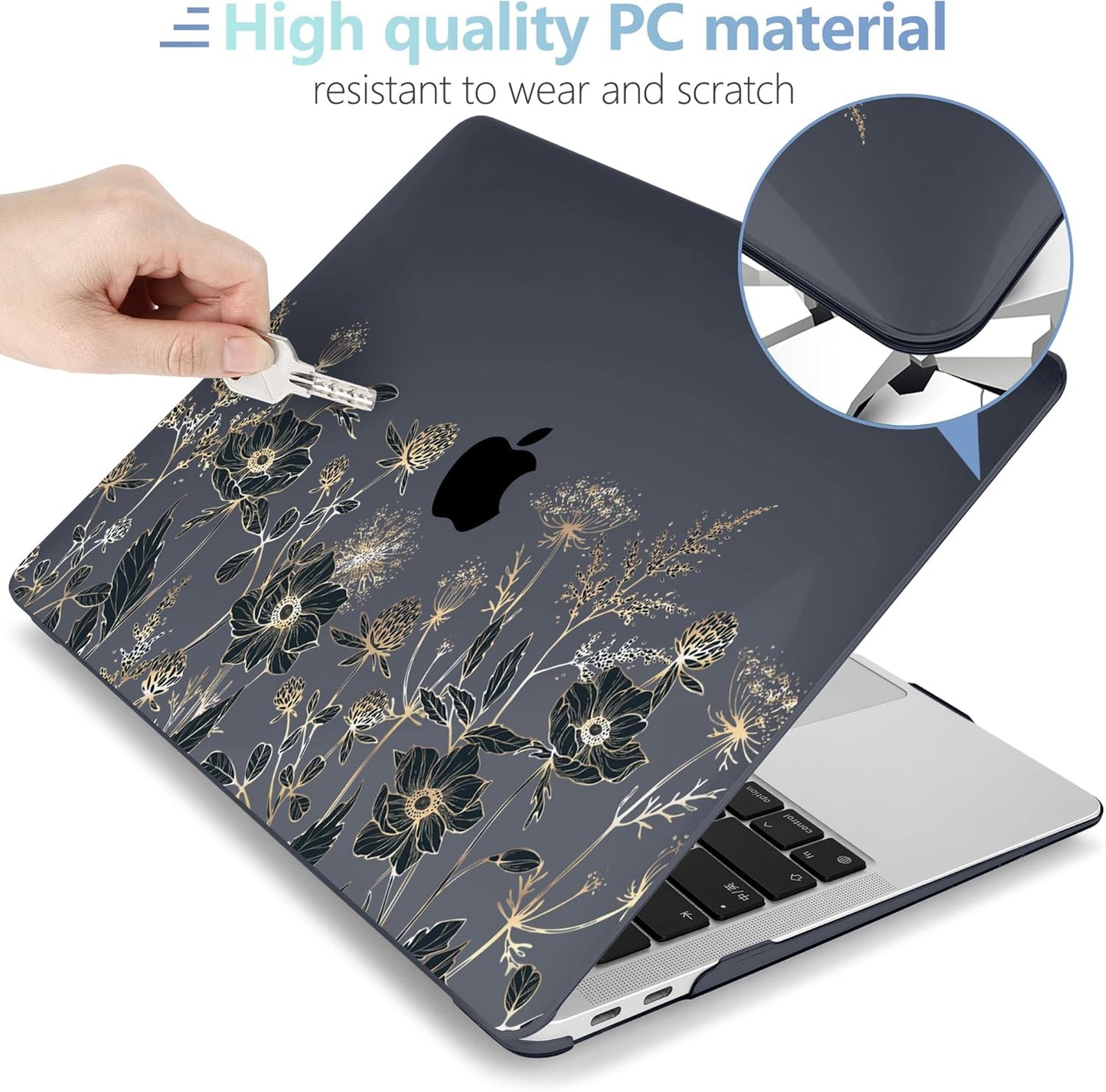 MEEgoodo for MacBook Air 13.3 inch Case 2021 2020 2019 2018 A2337 M1 A2179 A1932, Case for MacBook Air M1, Hard Shell with Keyboard Webcam Cover & Trackpad Film & Type C Adapter,Golden Flowers & Herbs