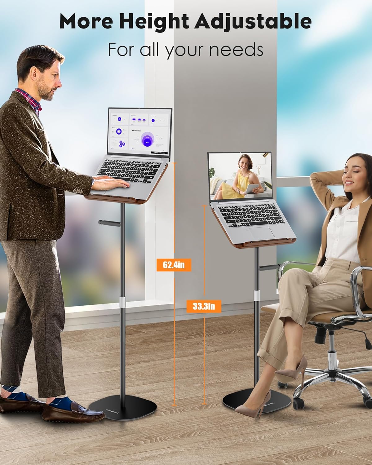 2 in 1 Dual-use Floor Book Stand & Desktop Book Stand,Height Adjustable from 33-63in, Adjustable Book Holder with Elastic Page Clips for Music Scores, Recipe, Tablet, Laptop