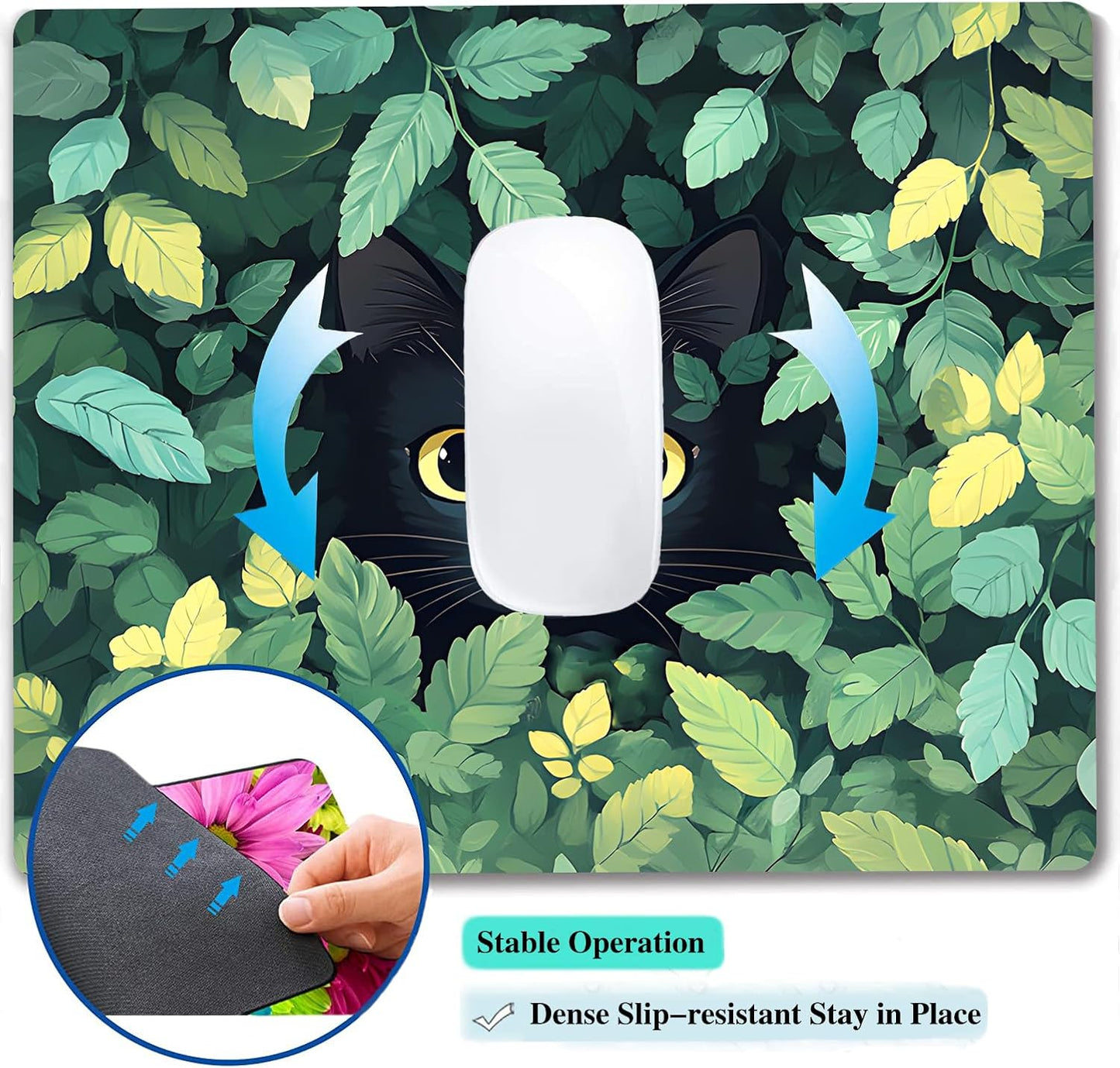 Green Flowers Black Cat Custom Mouse Pad with Non-Slip Rubber, Small Square Design for Wireless Laptop & Computer Mouse Pads for Desk, 9.5 x 7.9 inch Smooth Surface for Gaming & Office