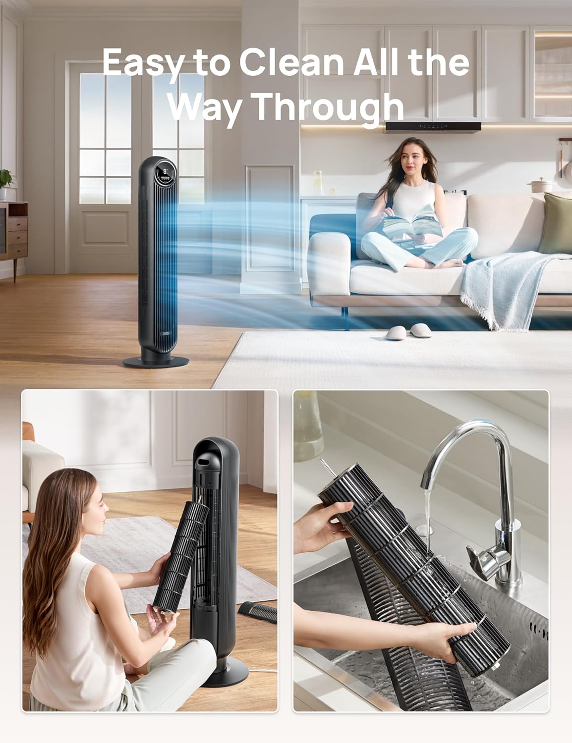 Dreo Tower Fan for Bedroom, 25ft/s Velocity Quiet Floor Fan, 90° Oscillating Fans for Indoors with 4 Speeds, 4 Modes, 8H Timer, Standing Fans, Bladeless Fan, Black, Nomad One (DR-HTF007)