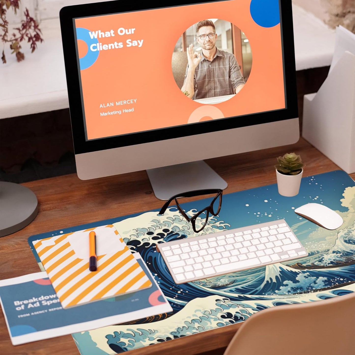 Desk Mat,Blue Japanese Sea Wave Desk Pad,Japanese Sea Wave Large Gaming Mouse Pad for Desk,Extended Big Computer Keyboard Mouse Pad with Non-Slip Base and Stitched Edge,35.4"x15.7"