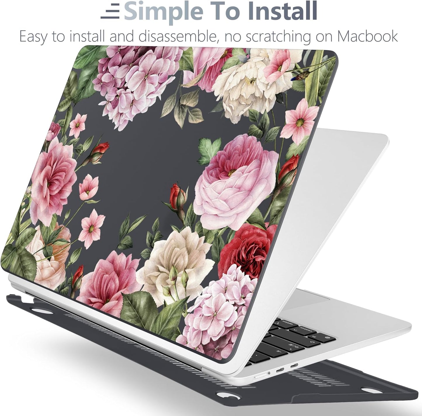 Batianda Premium Case for New MacBook Air 15 inch 2025 M4 2024 2023 with M3 M2 Chip Model A3241/A3114/A2941, Designed Protective Plastic Hardshell & Keyboard Cover & Screen Protector, Peony