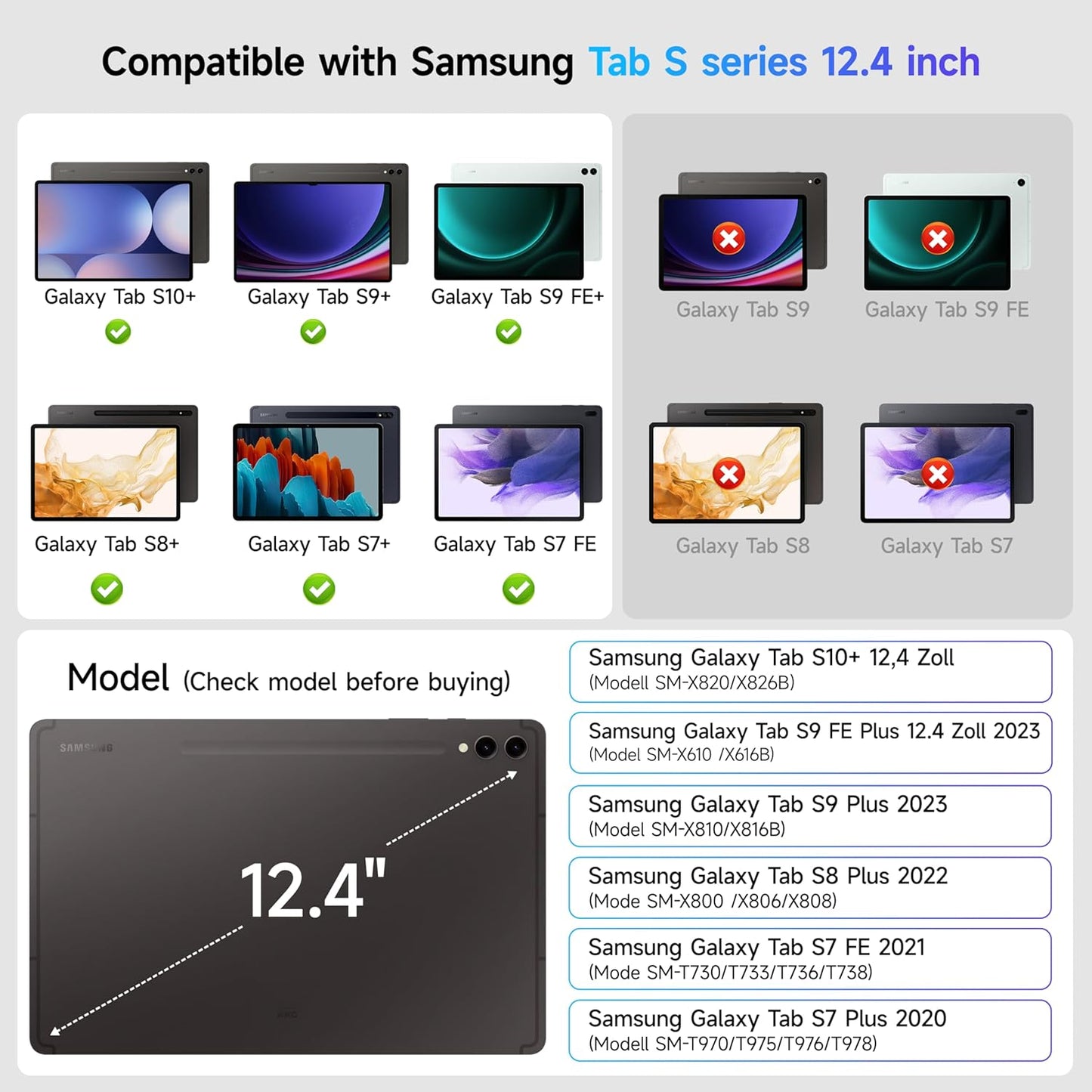 HOU Keyboard for Samsung Galaxy Tab S10+ Plus/S9+ Plus/S9 FE+ Plus/S8+ Plus/S7+ Plus/S7 FE 12.4" with Magnetic Case,Floating Cantilever,Multi-Function Trackpad,7 Colors Backlit,S Pen Holder,White