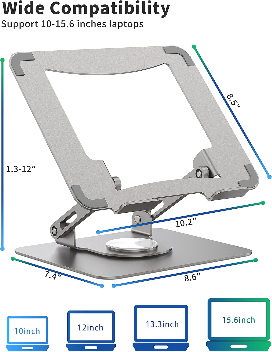 SOUNDANCE Laptop Stand with 360° Rotating Base, Ergonomic Computer Riser for Desk, Adjutable Height Muti-Angle, Foldable Laptop Mount, Stable Metal Holder Support 10-15.6" Notebook PC, Silver Grey