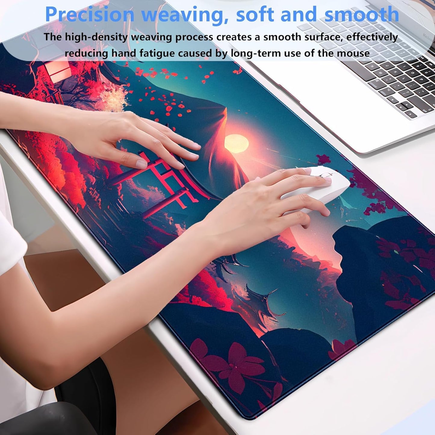 Japanese Anime Mouse Pad - Pink Sakura & Full Moon Design Gaming Desk Mat, XL Large (31.5"x15.7") Keyboard Pad for PC Laptop Office Decor