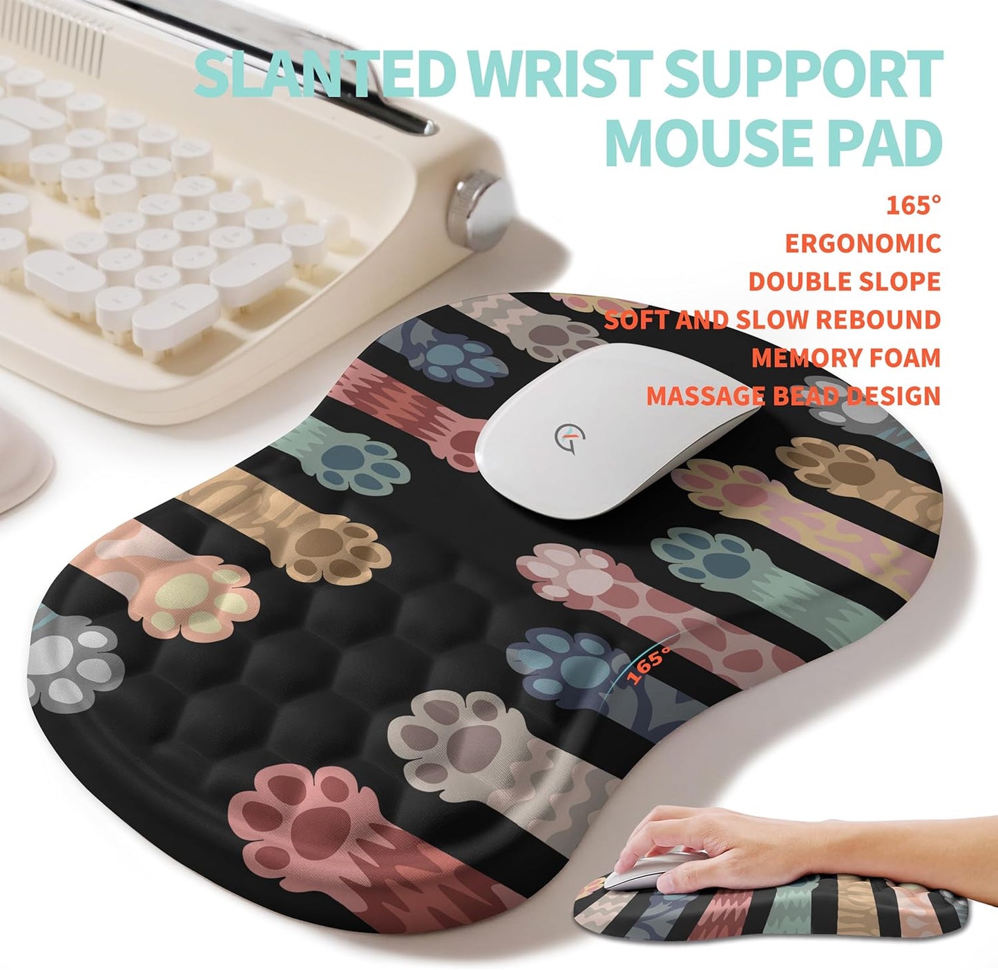 2-in-1 Ergonomic Set, Wave Rise Keyboard Wrist Rest and Massage Bulge Slope Mouse Pad Wrist Support, Cushion Memory Foam Integrated to Relieve Wrist Pain, Multicolour Cat Claws