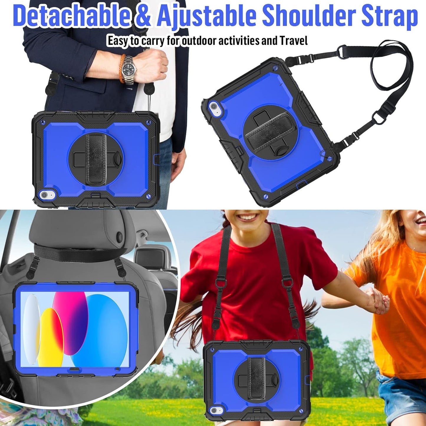 BLOSOMEET Case for iPad A16 11th/10th Generation 11''/10.9'' 2025/2022 with Tempered Glass Screen Protector & Pencil Holder, Rugged Military Grade Cover w/Stand Hand Shoulder Strap, Blue