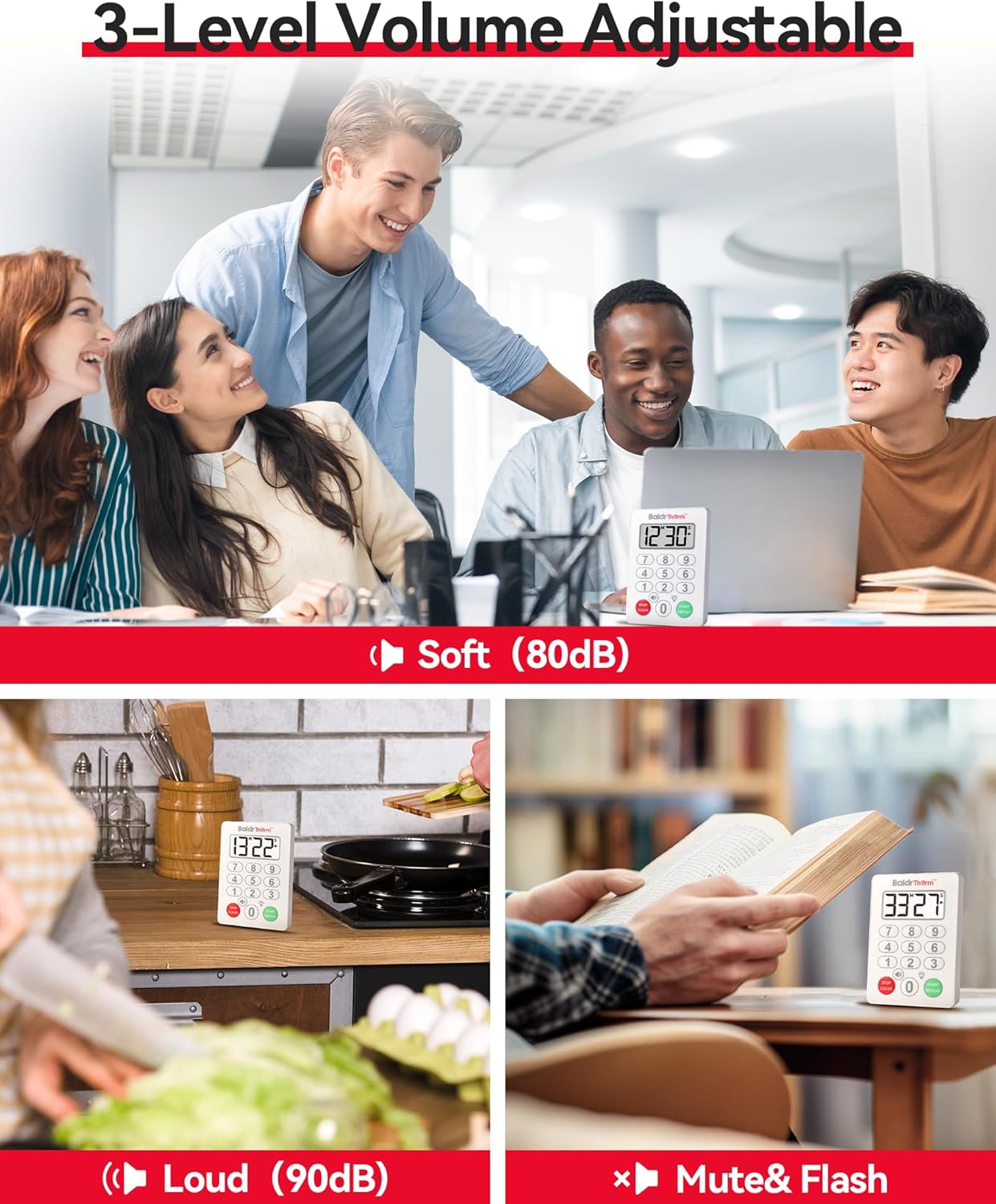 BaldrTherm Digital Kitchen Timer, Magnetic Waterproof Countdown Timer for Cooking, Shower, Workout, Classroom, Hair Color Processing, White.