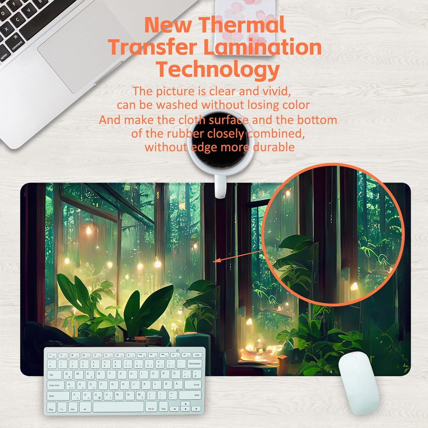 Desk Mat, Window View of Forest Desk Pad, Green Atmosphere Large Gaming Mouse Pad for Desk, 31.5"x15.7" Extended Big Computer Keyboard Mouse Pad with Non-Slip Base and Stitched Edge