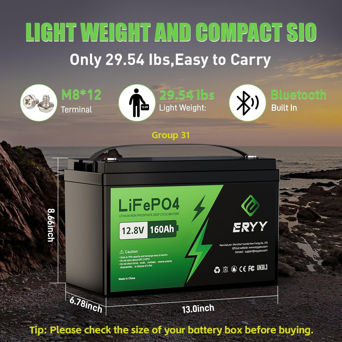 12V 160Ah LiFePO4 Battery Bluetooth, Group 31 RV Lithium Batteries 12V, 2048Wh Energy & 100A BMS, 5000+ Deep Cycle Trolling Motor, RV, Boat, Solar, Off-Grid, Camping, Golf Cart