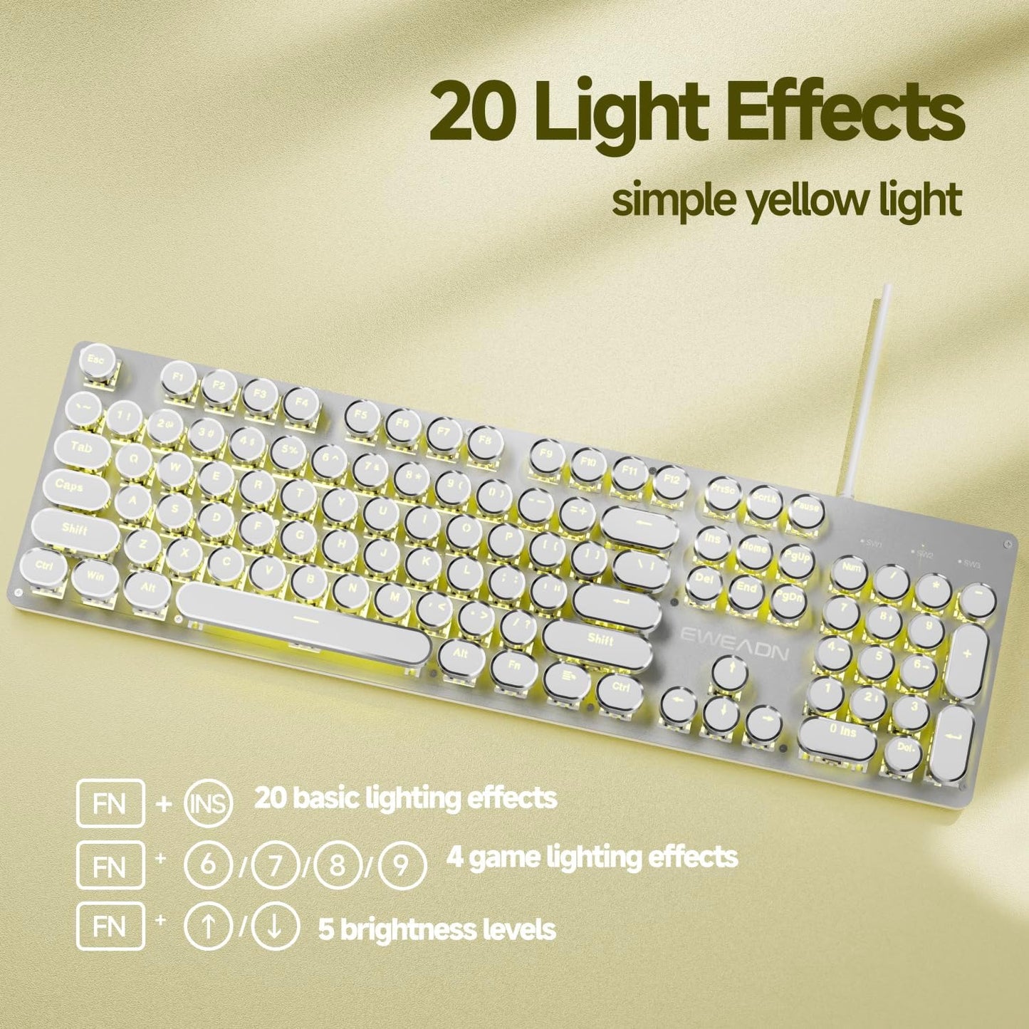EWEADN TK100 Typewriter Style Wired Mechanical Keyboard, 104 Keys Aesthetic Typewriter Keyboard with Yellow Backlit, Anti-Ghosting, Blue Switch Cool Keyboards-White