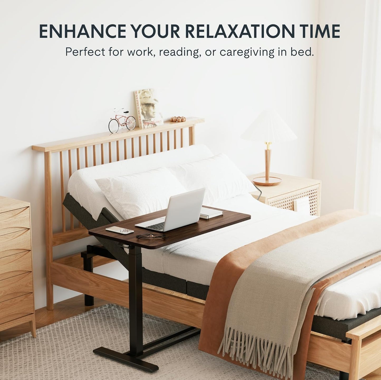 FLEXISPOT Adjustable C Table with Wheels, Mobile Snack Side End Table Sofa Couch Bedside Table Laptop Rolling Cart TV Tray Night Stand for Small Space Side Table(27.6" W x 15.7" D,Rustic Brown)