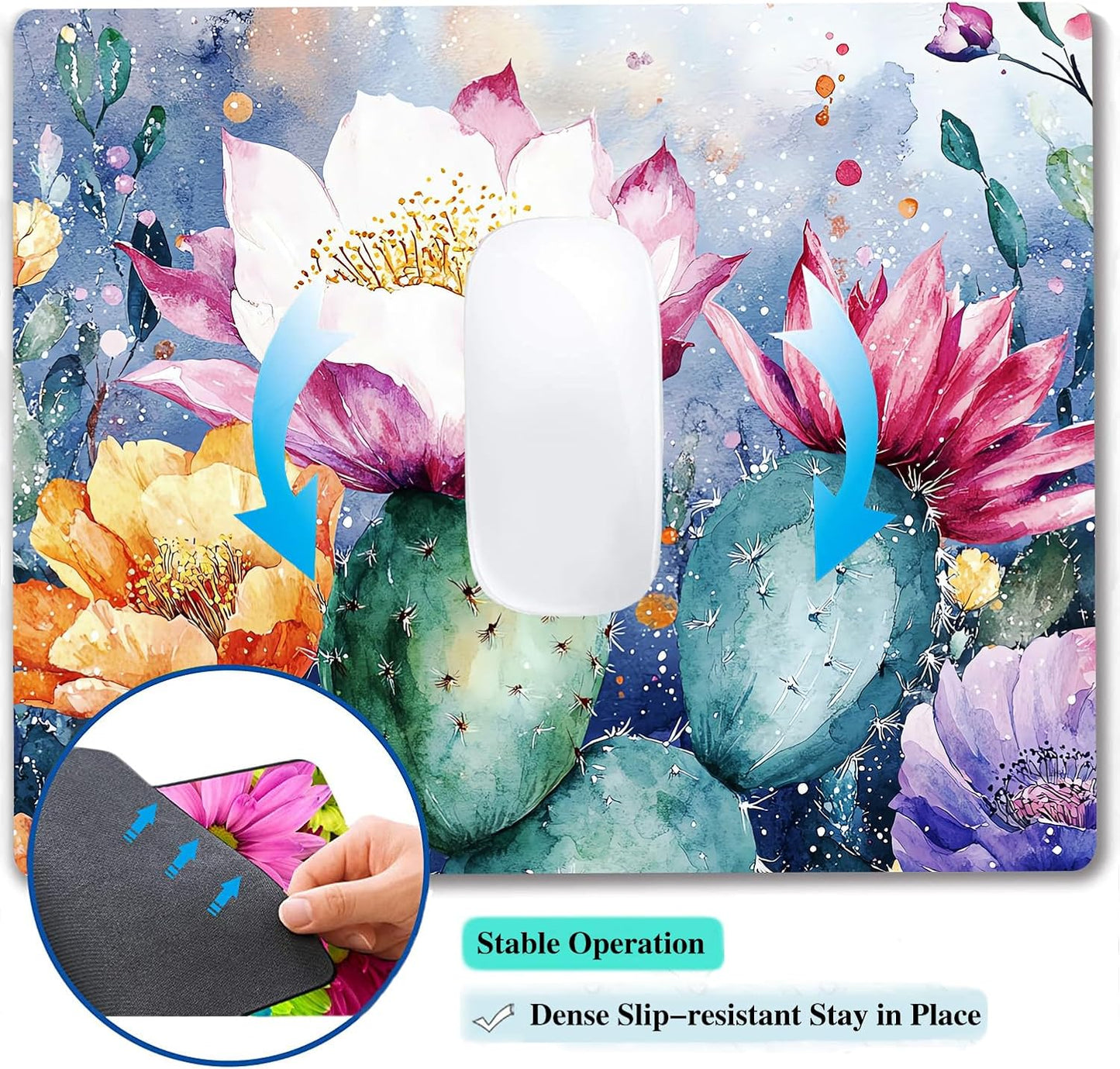 Cute Cactus Flower Plants Custom Mouse Pad with Non-Slip Rubber, Small Square Design for Wireless Laptop & Computer Mouse Pads for Desk, 9.5 x 7.9 inch Smooth Surface for Gaming & Office