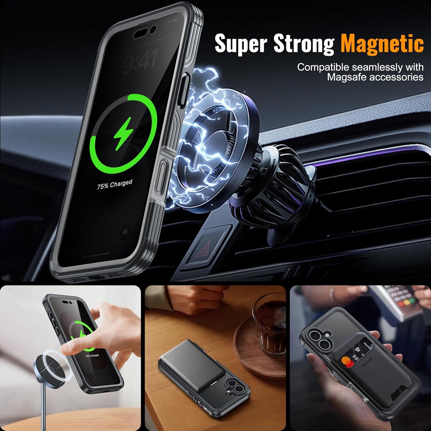 360° Protection Magnetic for iPhone 16 Case Built-in 9H Privacy Screen Protector & Metal Stand[Fit for Magsafe][Anti-Spy][Lens Protector] Heavy Duty Shockproof Phone Case for iPhone 16(Black)