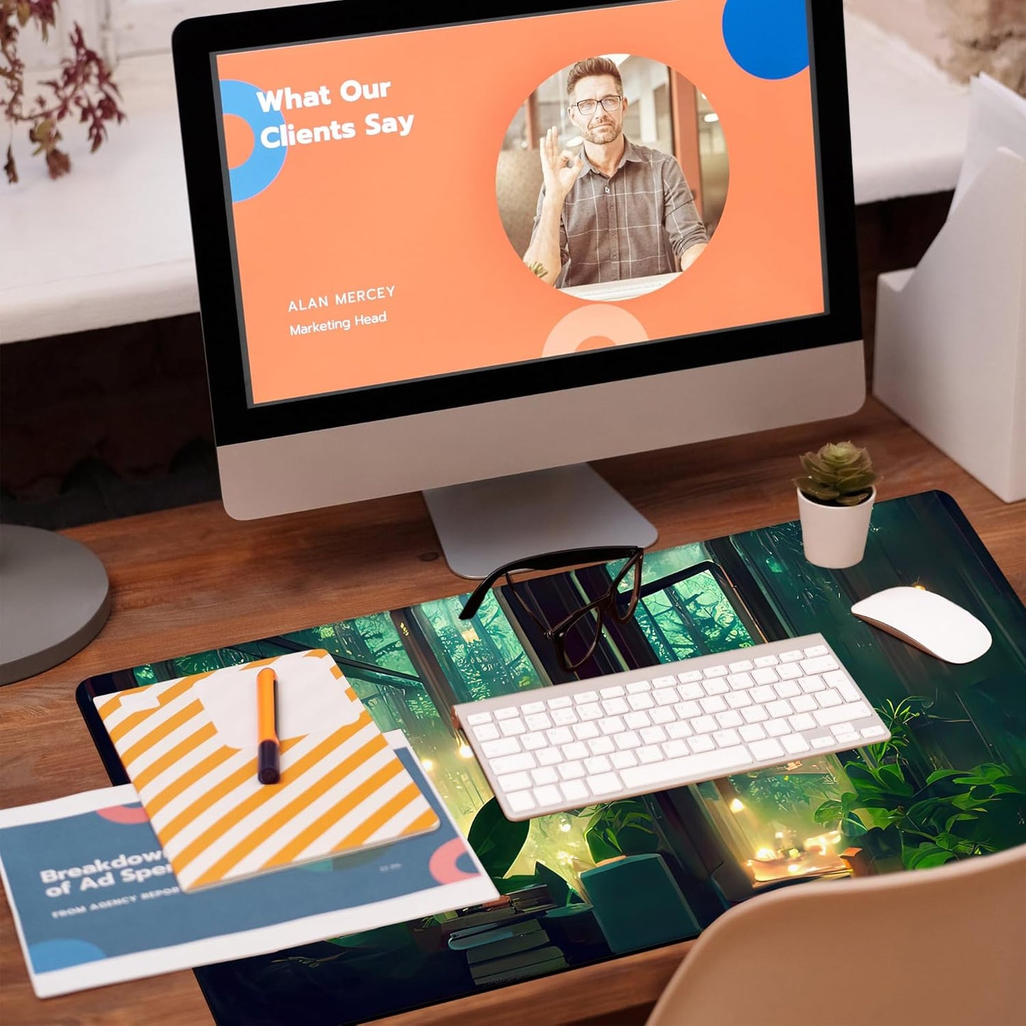 Desk Mat, Window View of Forest Desk Pad, Green Atmosphere Large Gaming Mouse Pad for Desk, 31.5"x15.7" Extended Big Computer Keyboard Mouse Pad with Non-Slip Base and Stitched Edge