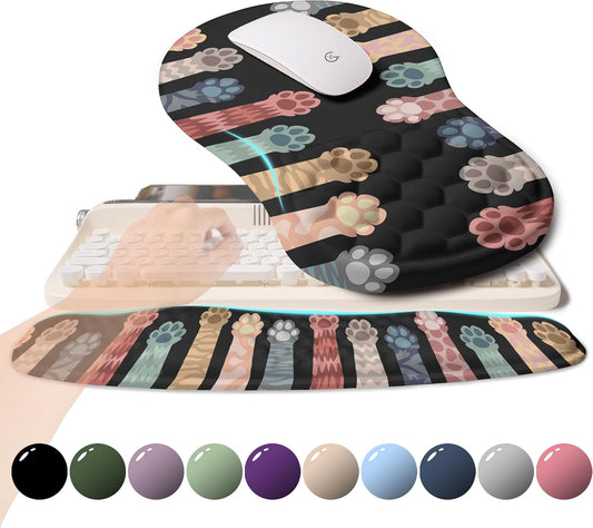 2-in-1 Ergonomic Set, Wave Rise Keyboard Wrist Rest and Massage Bulge Slope Mouse Pad Wrist Support, Cushion Memory Foam Integrated to Relieve Wrist Pain, Multicolour Cat Claws