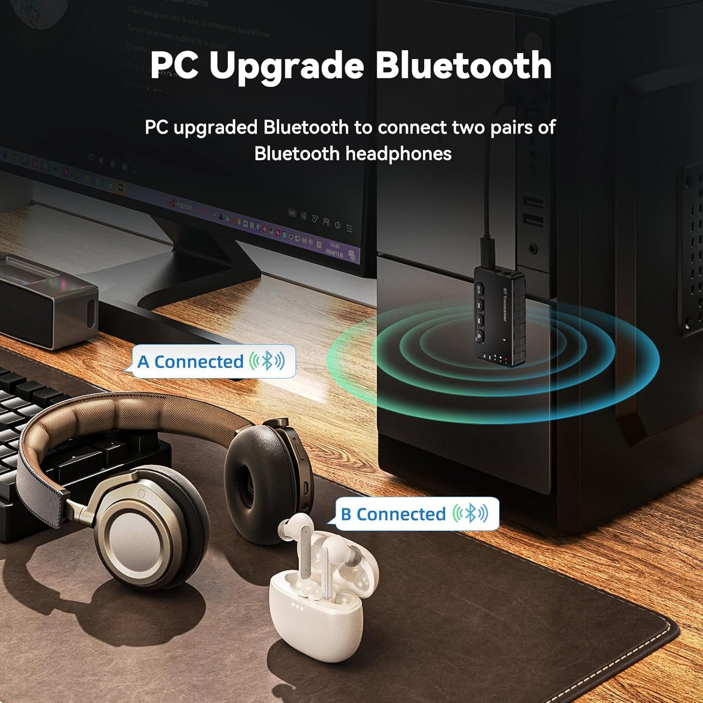 Bluetooth Transmitter Receiver aptX Adaptive/Low Latency/HD Bluetooth Adapter 5.2 Support 2 AirPods Phones, Wireless Audio Receiver 3.5mm Aux Headphone Jack Adapter for Airplane Travel/TV/Home Stereo