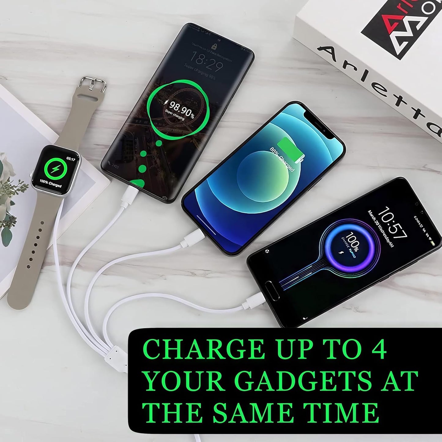 4 in 1 Watch & Phone Charger Cable, Multi Charging Cord, Fast Magnetic Cable USB Type C for Apple Watch, iPhone, Pods, Android & More / 3.3ft
