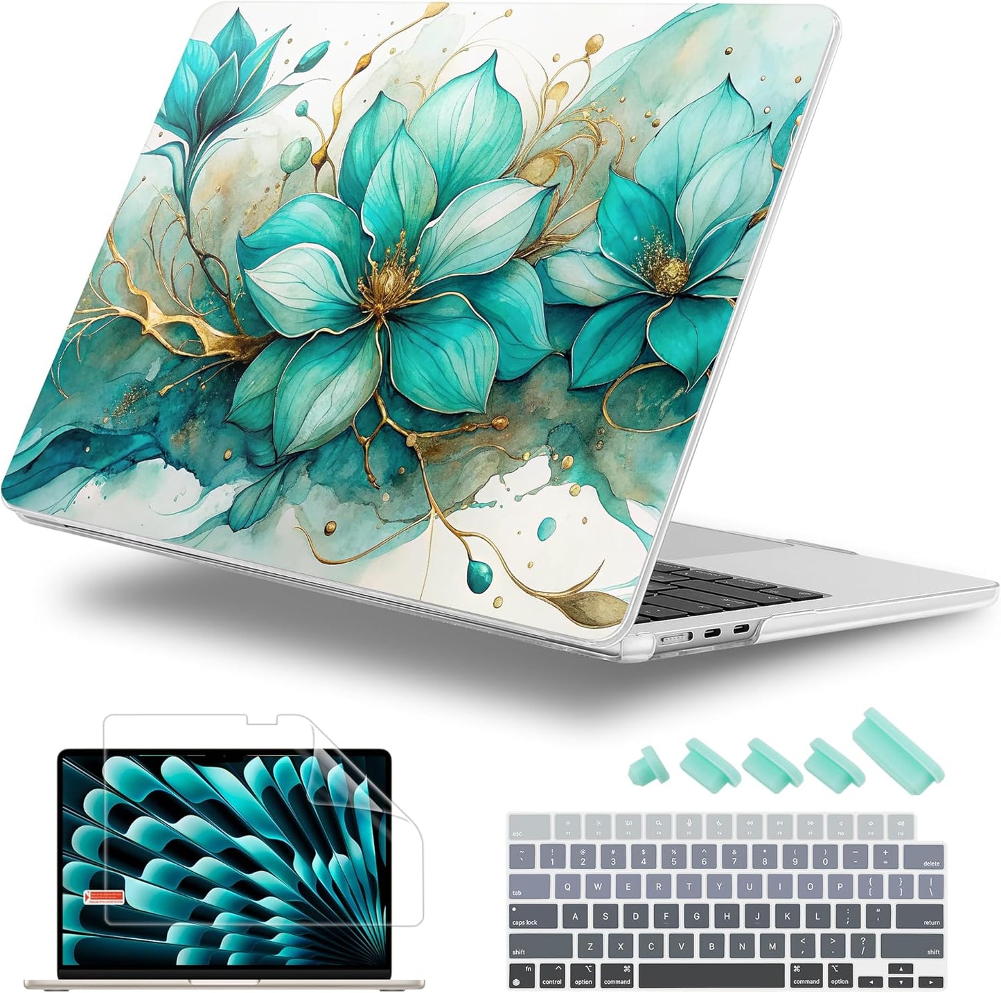 Case for MacBook Air 15 Inch 2025 2024 2023 Release M4 A3241 M3 A3114 M2 A2941, Hard Shell with Screen Protector & Keyboard Cover, Compatible with Touch ID, Green Floral