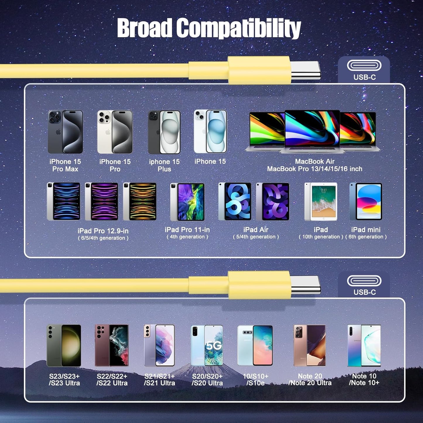 3-Pack Yellow [3.3FT+6.6FT+10FT] 60W USB C to USB C Cable, Type C Fast Charging Cable for iPhone 16 15 Pro Plus Pro Max，for Galaxy S24 S23, for iPad Pro/Air, for MacBook Pro/Air and More