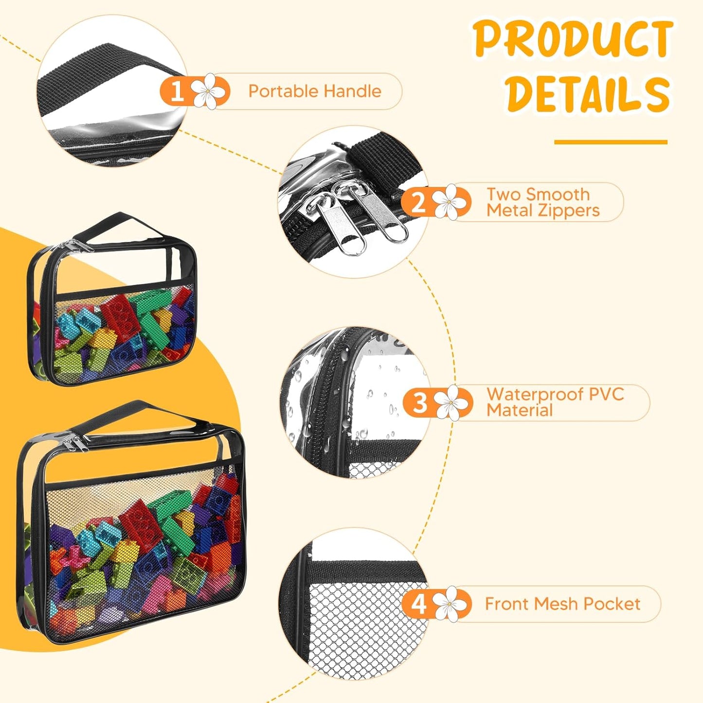 8 Packs Toy Storage Bags with Zipper, Reusable Clear PVC Board Game Storage, Travel Waterproof Organizer Bags with Portable Handle for Building Blocks, Bricks, Puzzles, Books