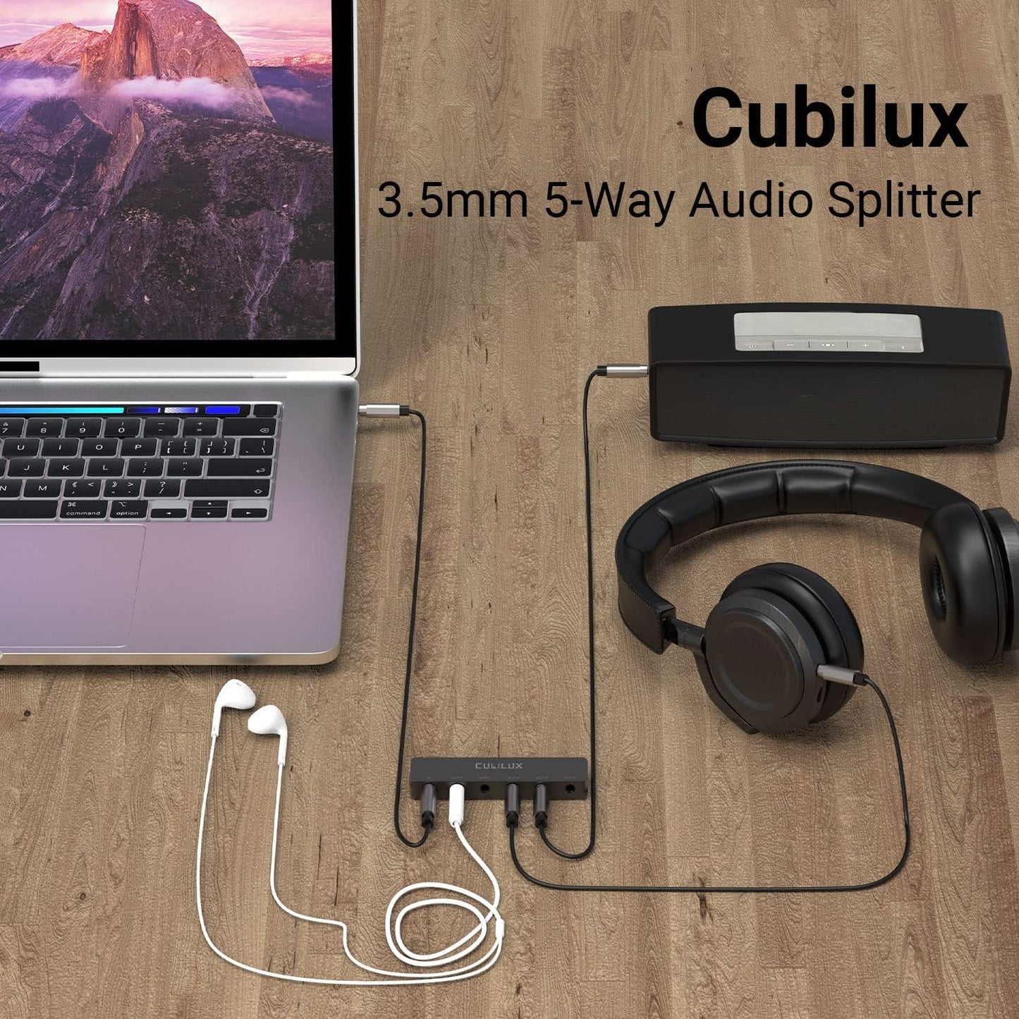 Cubilux Professional 5-Way 3.5mm AUX Splitter, Aluminum Case 5-Channel 1/8” Stereo Headphone Splitter, Multi-Port TRS Audio Share/Split Box/HUB for Speaker Earphones Laptop PC Smartphone Tablet