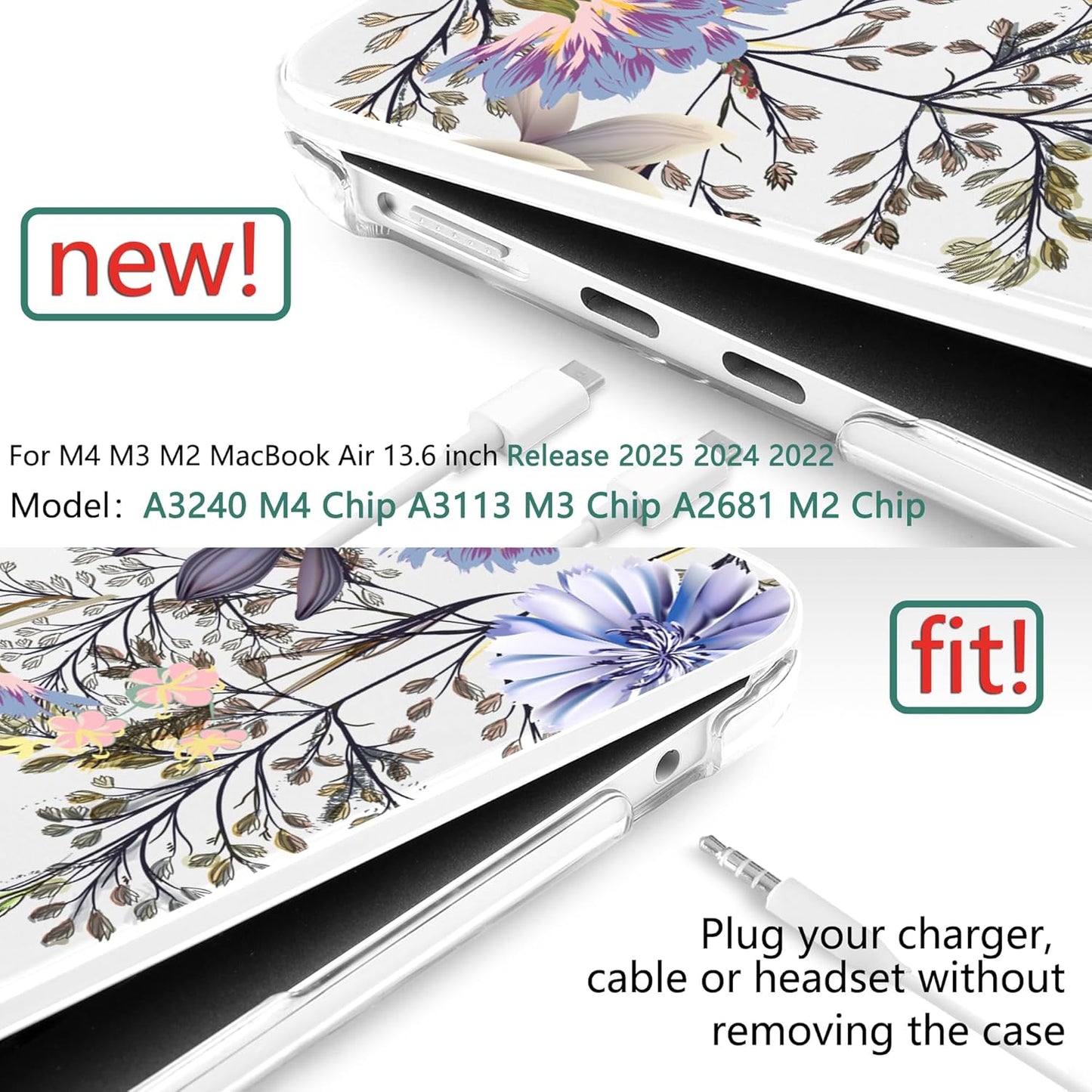 TWOLSKOO Compatible with M4 MacBook Air 13.6 inch Case 2025-2022 Release M4 A3240 M3 A3113 M2 A2681, Plastic Hard Shell & Keyboard Cover & Type C Adapter & Screen Protector, Garden Flower